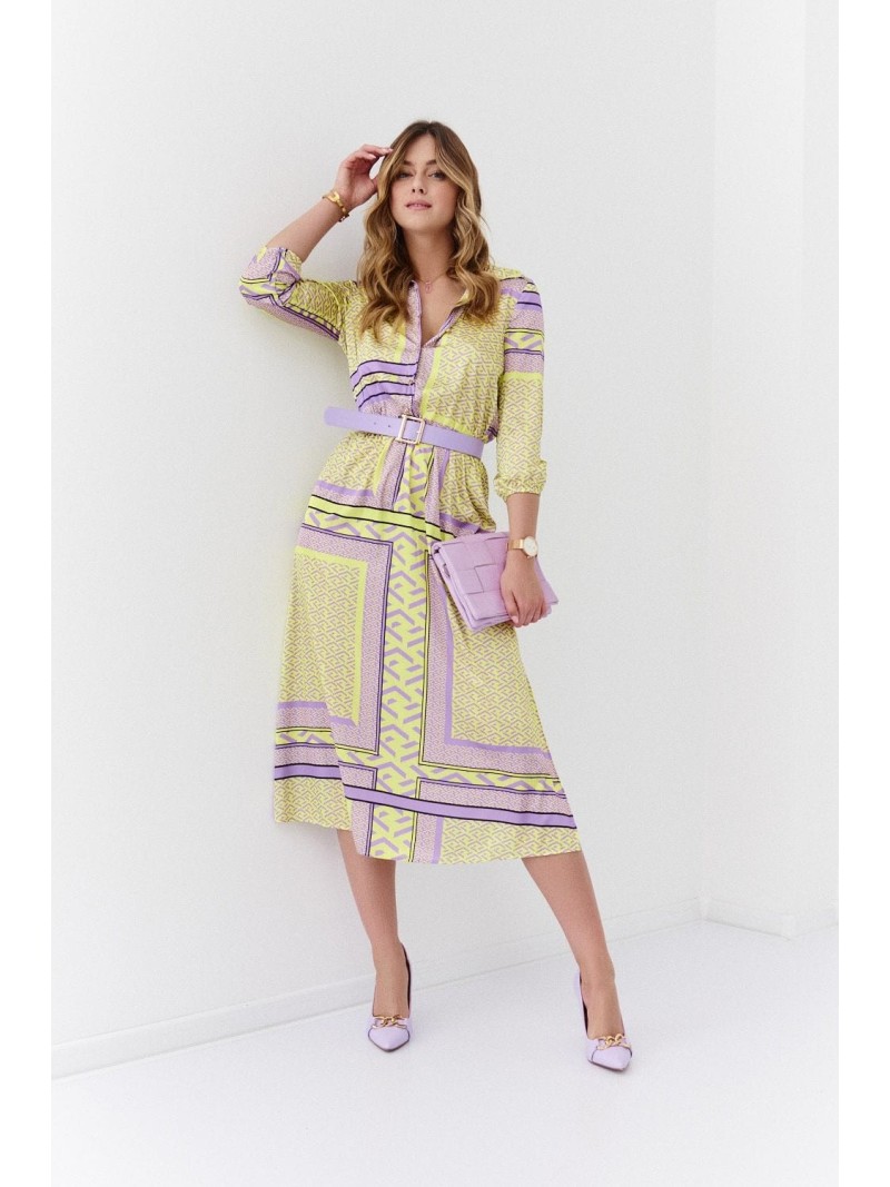 Shirt dress with a belt, lime and lilac 03028 - Online store - Boutique